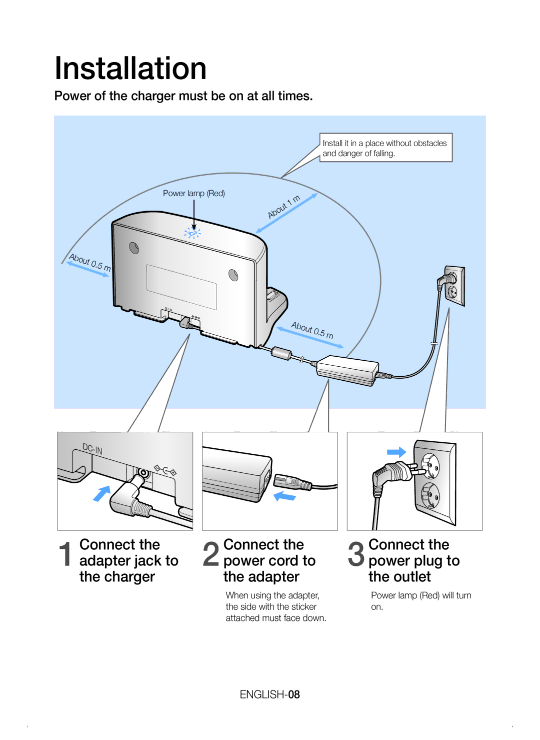 Samsung VR20H9050UW/EE manual Installation, Power of the charger must be on at all times, ENGLISH-08, About 0.5 m 