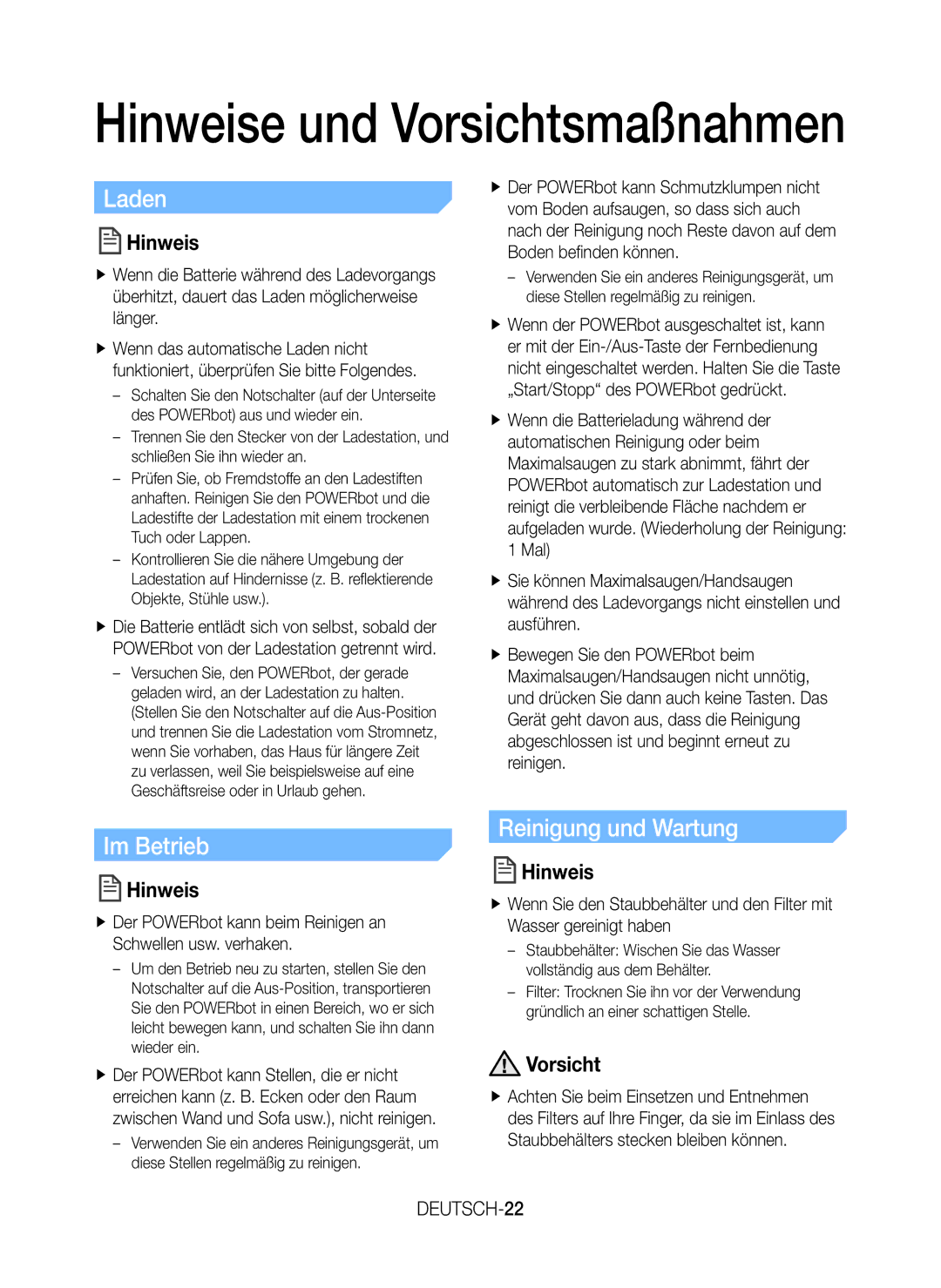 Samsung VR20H9050UW/GE, VR20H9050UW/EN, VR20H9050UW/ET, VR20H9050UW/EE Laden, Im Betrieb, Reinigung und Wartung, DEUTSCH-22 