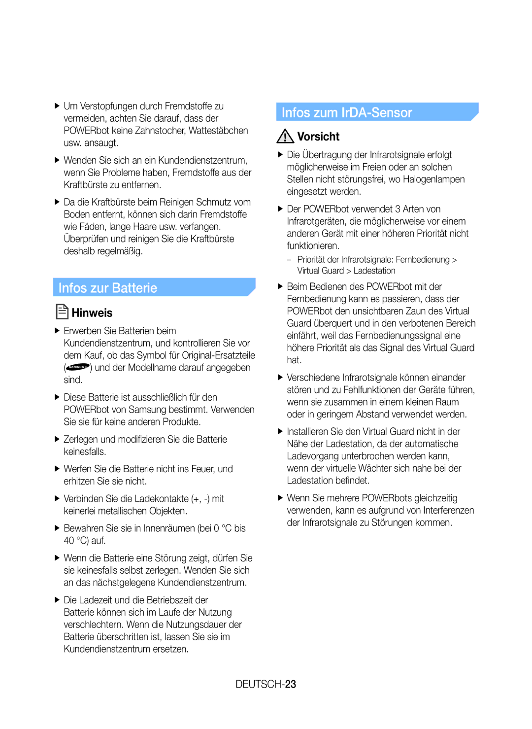 Samsung VR20H9050UW/EE Infos zur Batterie, Infos zum IrDA-Sensor, DEUTSCH-23, Und der Modellname darauf angegeben sind 