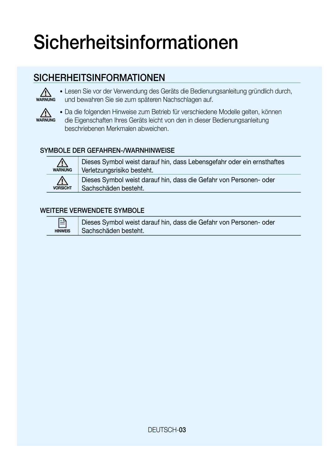 Samsung VR20H9050UW/EE manual Sicherheitsinformationen, Symbole DER GEFAHREN-/WARNHINWEISE, Weitere Verwendete Symbole 