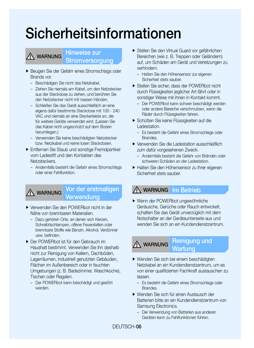 Samsung VR20H9050UW/GE, VR20H9050UW/EN, VR20H9050UW/ET manual Warnung Im Betrieb, Warnung ReinigungWartung und, DEUTSCH-06 