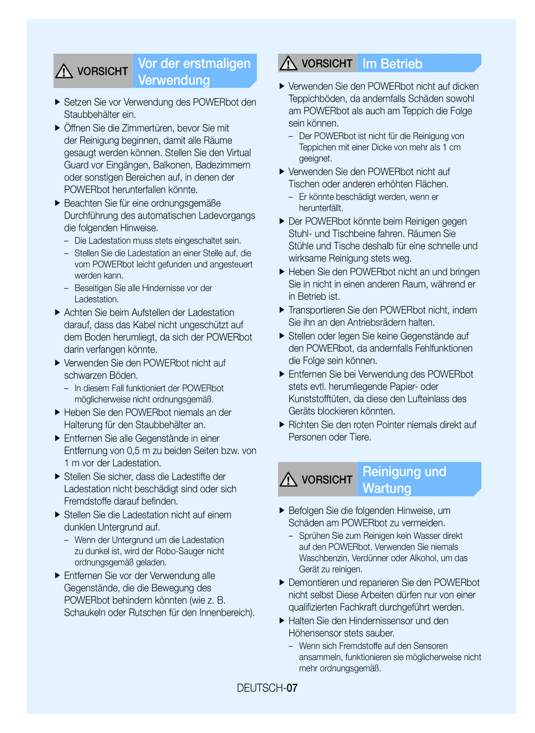 Samsung VR20H9050UW/EE, VR20H9050UW/EN, VR20H9050UW/ET manual Vorsicht ReinigungWartung und, Vorsicht Im Betrieb, DEUTSCH-07 