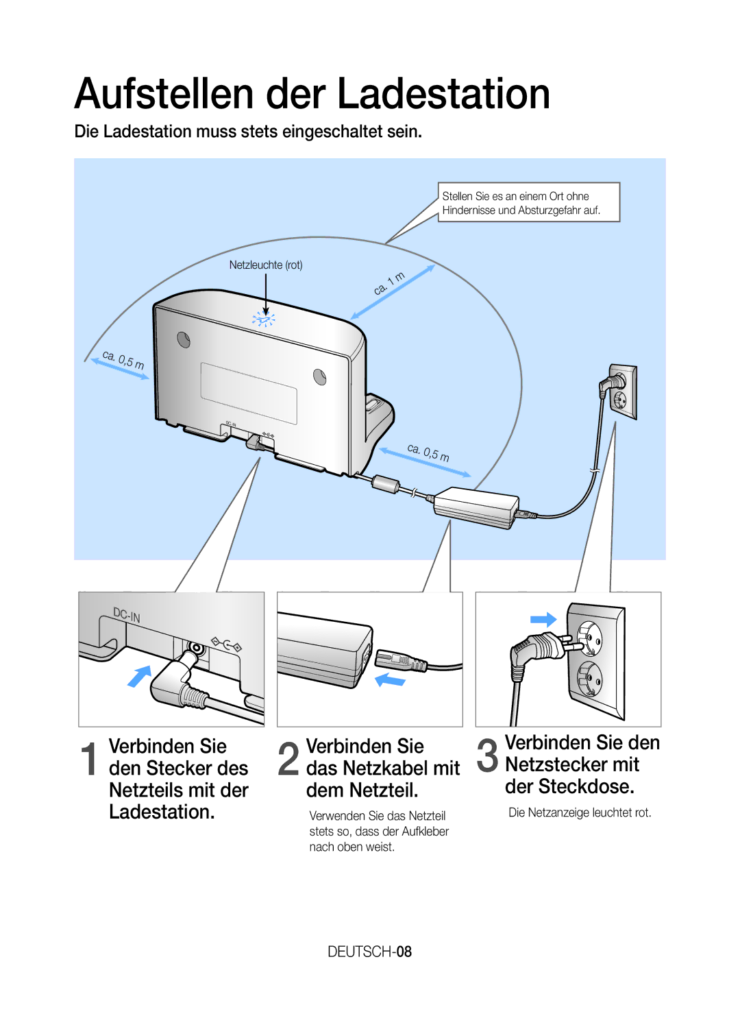 Samsung VR20H9050UW/EN manual Aufstellen der Ladestation, Die Ladestation muss stets eingeschaltet sein, Das Netzkabel mit 