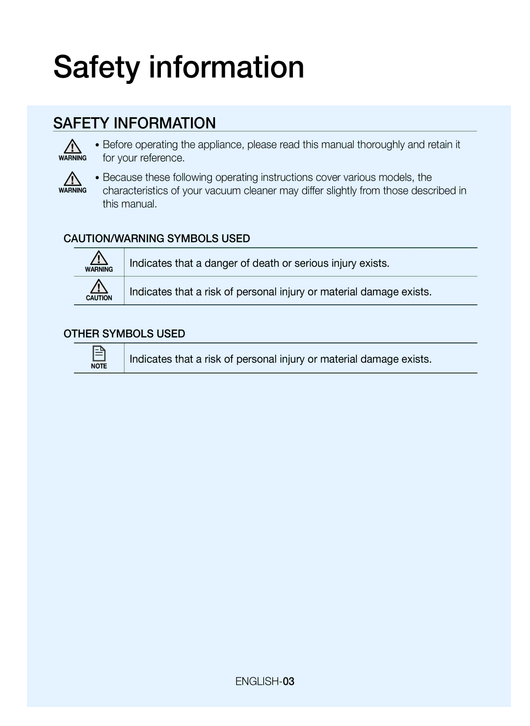 Samsung VR20H9050UW/EE, VR20H9050UW/EN, VR20H9050UW/ET, VR20H9050UW/GE Safety information, Other Symbols Used, ENGLISH-03 