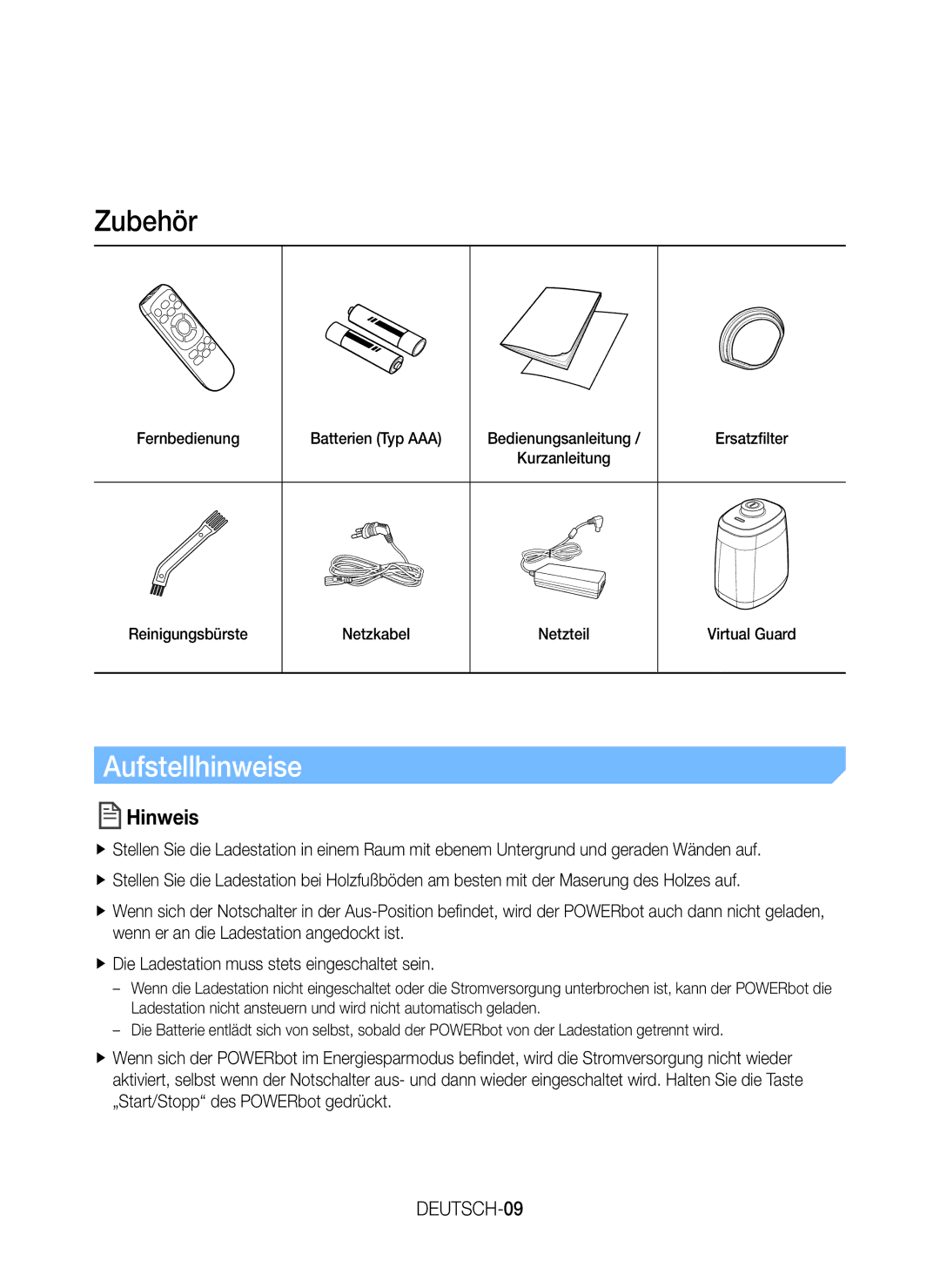 Samsung VR20H9050UW/ET, VR20H9050UW/EN, VR20H9050UW/GE, VR20H9050UW/EE manual Zubehör, Aufstellhinweise, DEUTSCH-09 