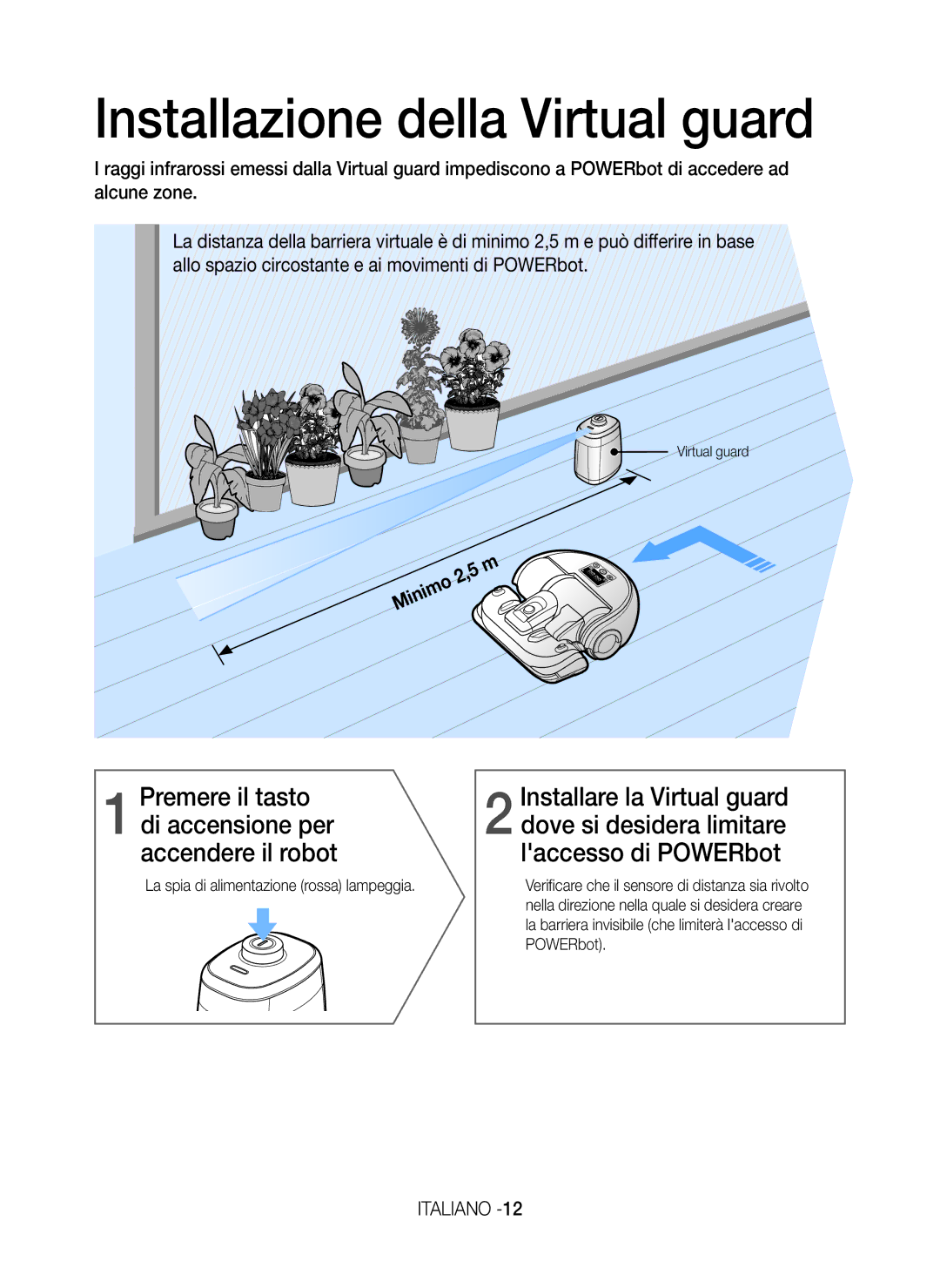 Samsung VR20H9050UW/ET manual Installazione della Virtual guard, La spia di alimentazione rossa lampeggia 