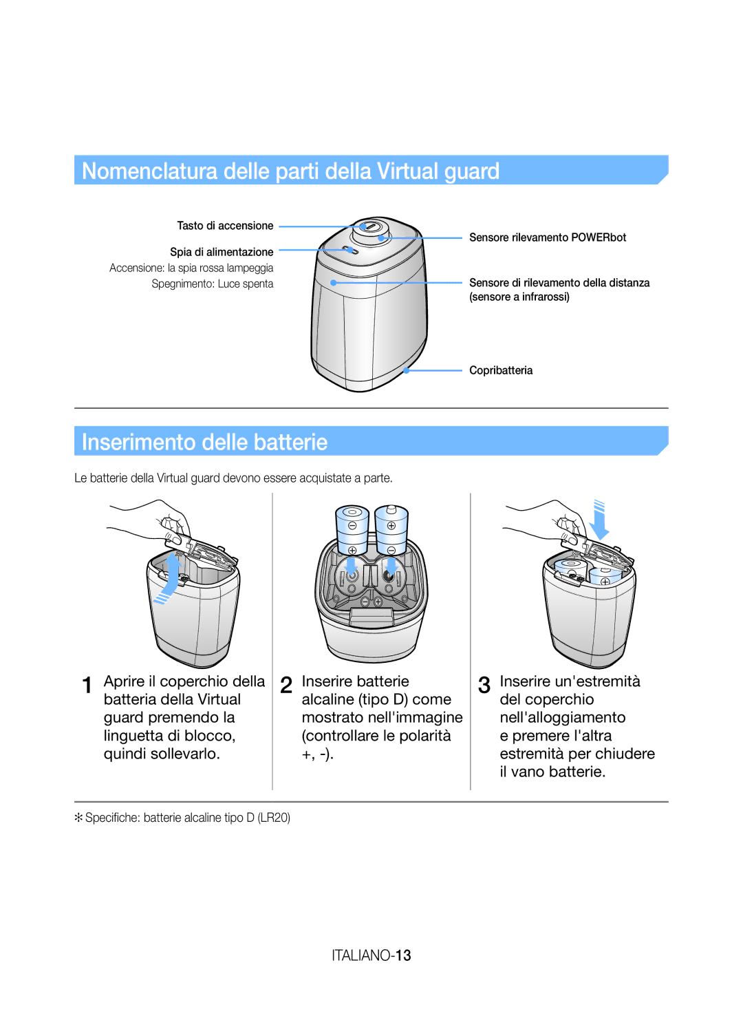 Samsung VR20H9050UW/ET manual Nomenclatura delle parti della Virtual guard, Inserimento delle batterie, ITALIANO-13 