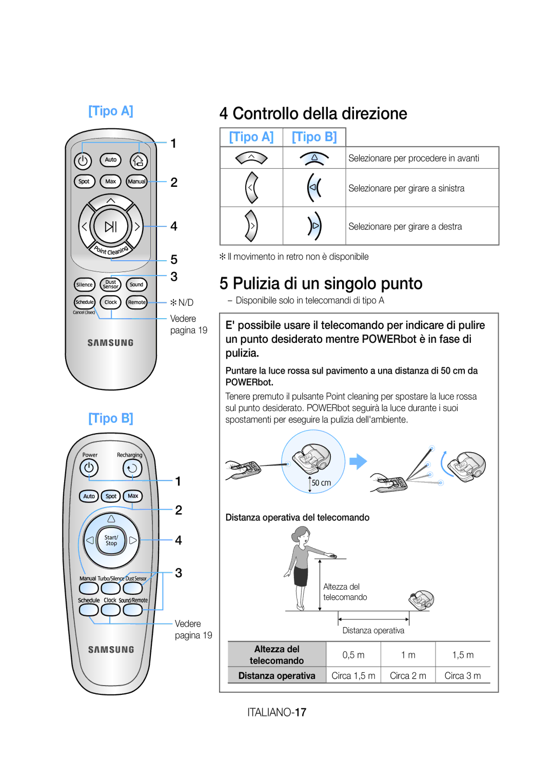 Samsung VR20H9050UW/ET manual Controllo della direzione, Pulizia di un singolo punto, ITALIANO-17, Altezza del 