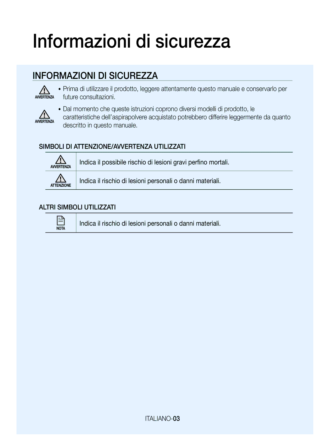 Samsung VR20H9050UW/ET Informazioni di sicurezza, Simboli DI ATTENZIONE/AVVERTENZA Utilizzati, Altri Simboli Utilizzati 