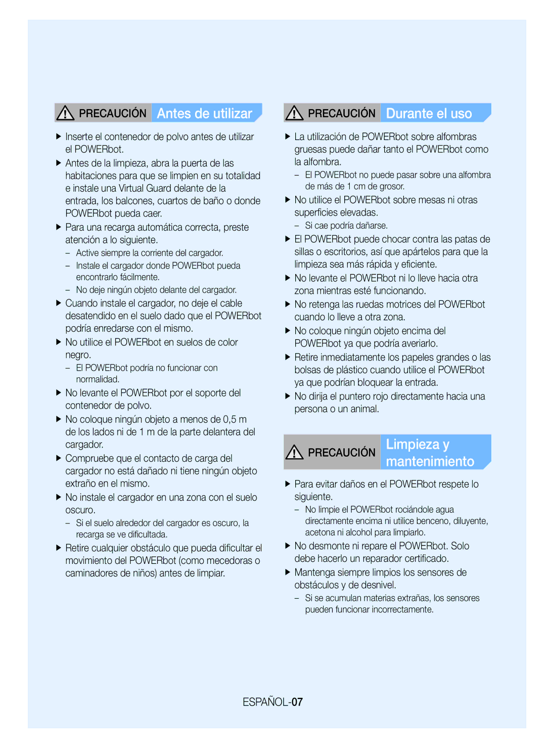 Samsung VR20H9050UW/ET manual Precaución Antes de utilizar, Precaución Durante el uso, Precaución Limpieza y, ESPAÑOL-07 