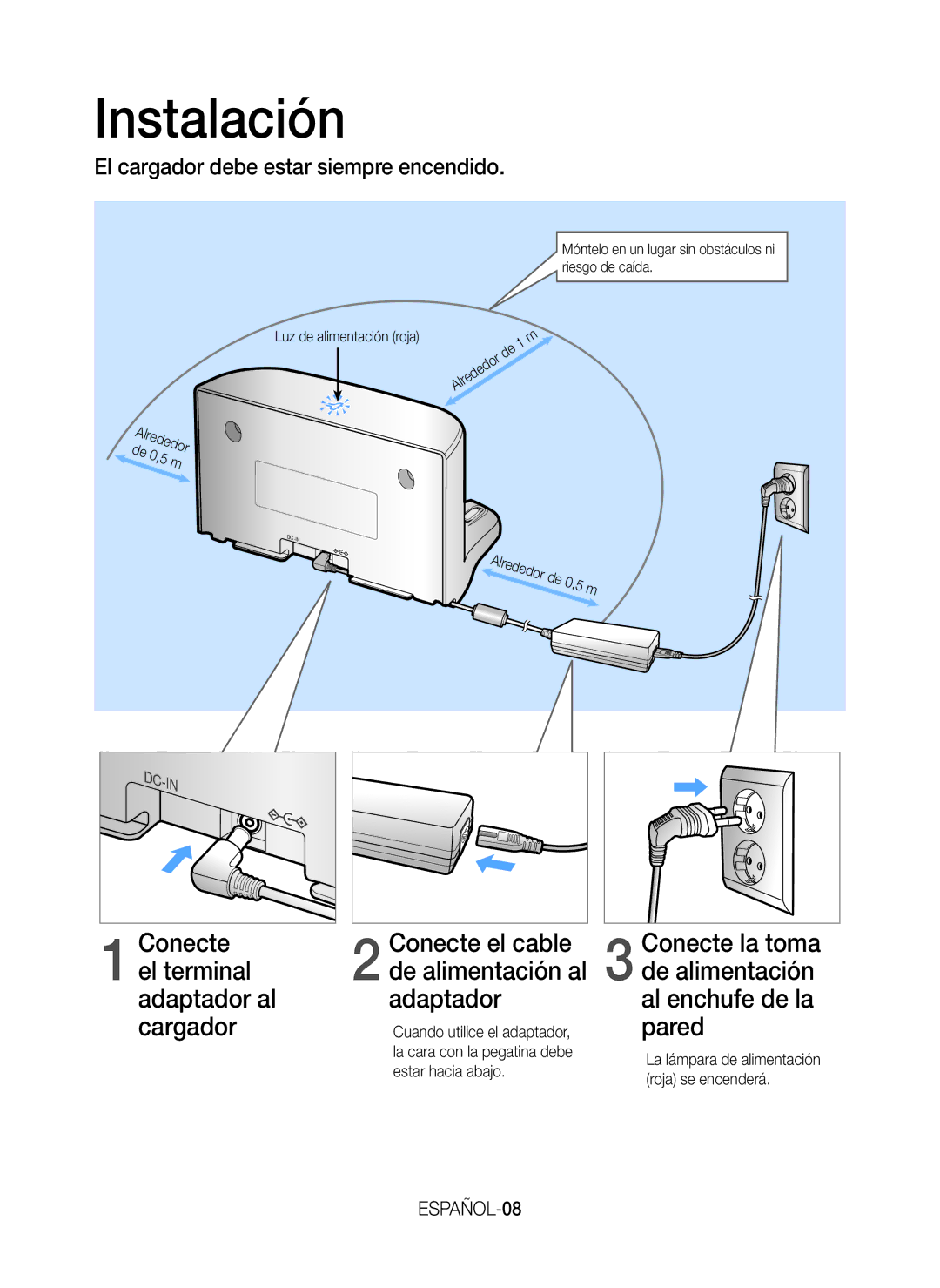 Samsung VR20H9050UW/ET manual Instalación, El cargador debe estar siempre encendido, De alimentación al, ESPAÑOL-08 