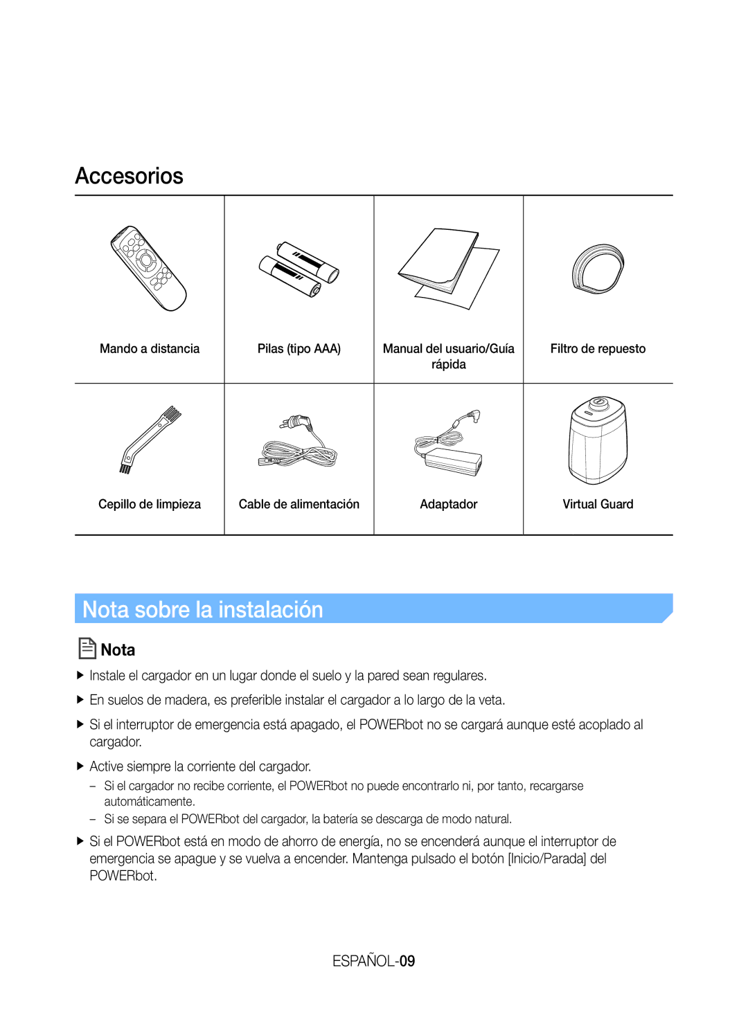 Samsung VR20H9050UW/ET manual Accesorios, Nota sobre la instalación, ESPAÑOL-09 