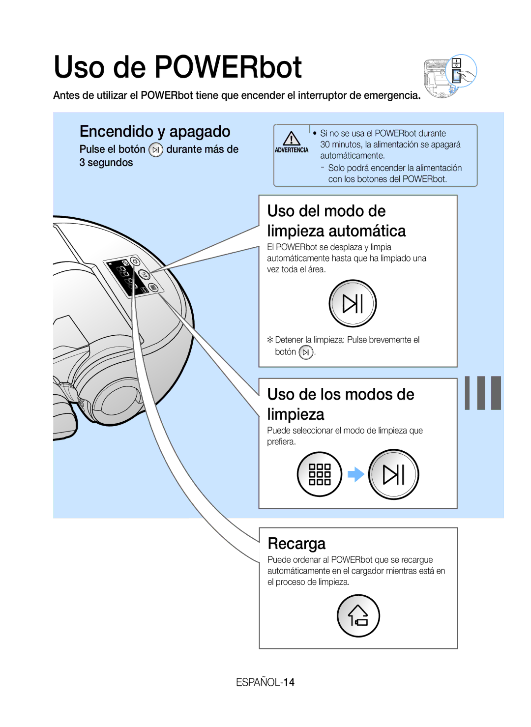 Samsung VR20H9050UW/ET manual Uso de POWERbot, Encendido y apagado, Uso de los modos de limpieza, Recarga, ESPAÑOL-14 