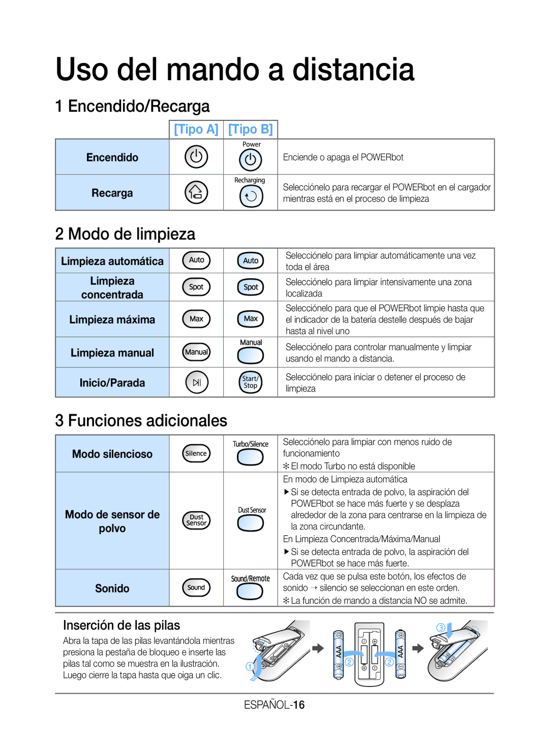 Samsung VR20H9050UW/ET manual Uso del mando a distancia, Encendido/Recarga, Modo de limpieza, Funciones adicionales 