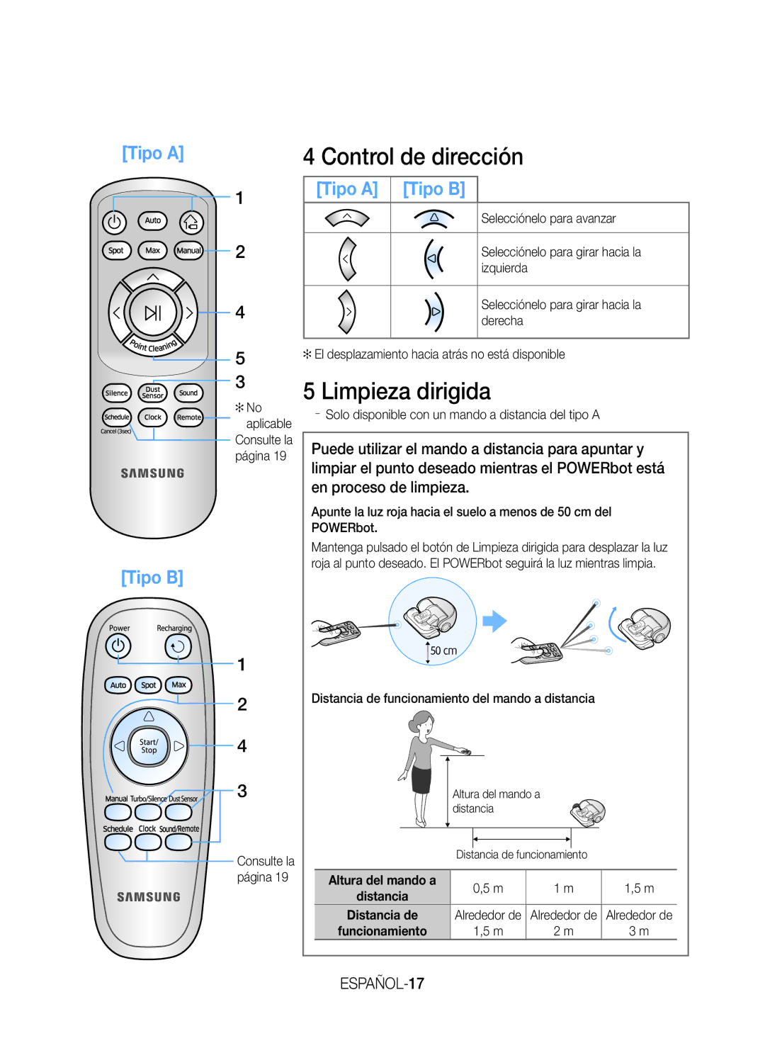 Samsung VR20H9050UW/ET manual Control de dirección, Limpieza dirigida, ESPAÑOL-17 