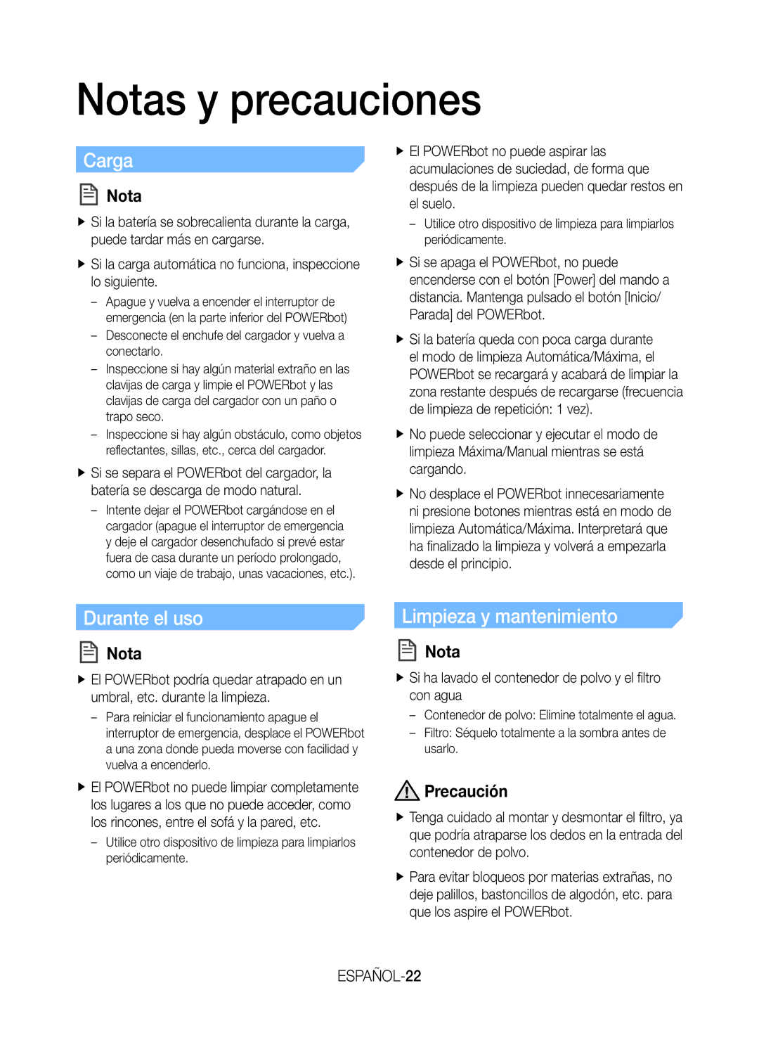 Samsung VR20H9050UW/ET manual Notas y precauciones, Carga, Durante el uso, Limpieza y mantenimiento, ESPAÑOL-22 