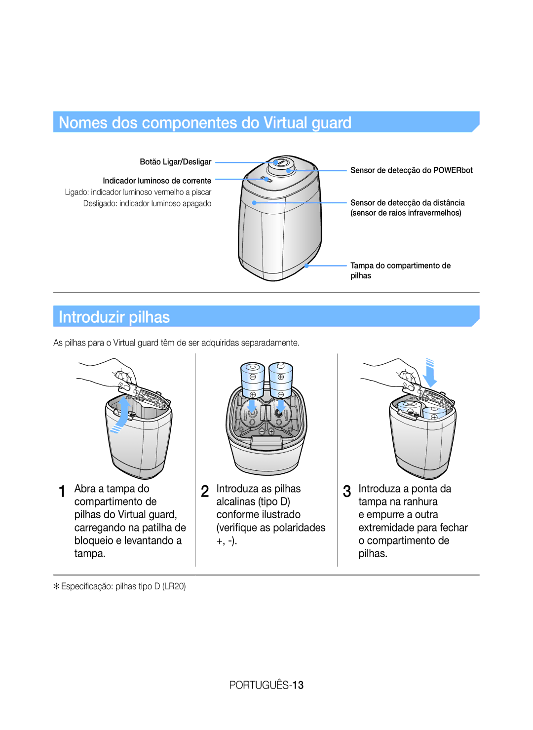 Samsung VR20H9050UW/ET manual Nomes dos componentes do Virtual guard, Introduzir pilhas, PORTUGUÊS-13 