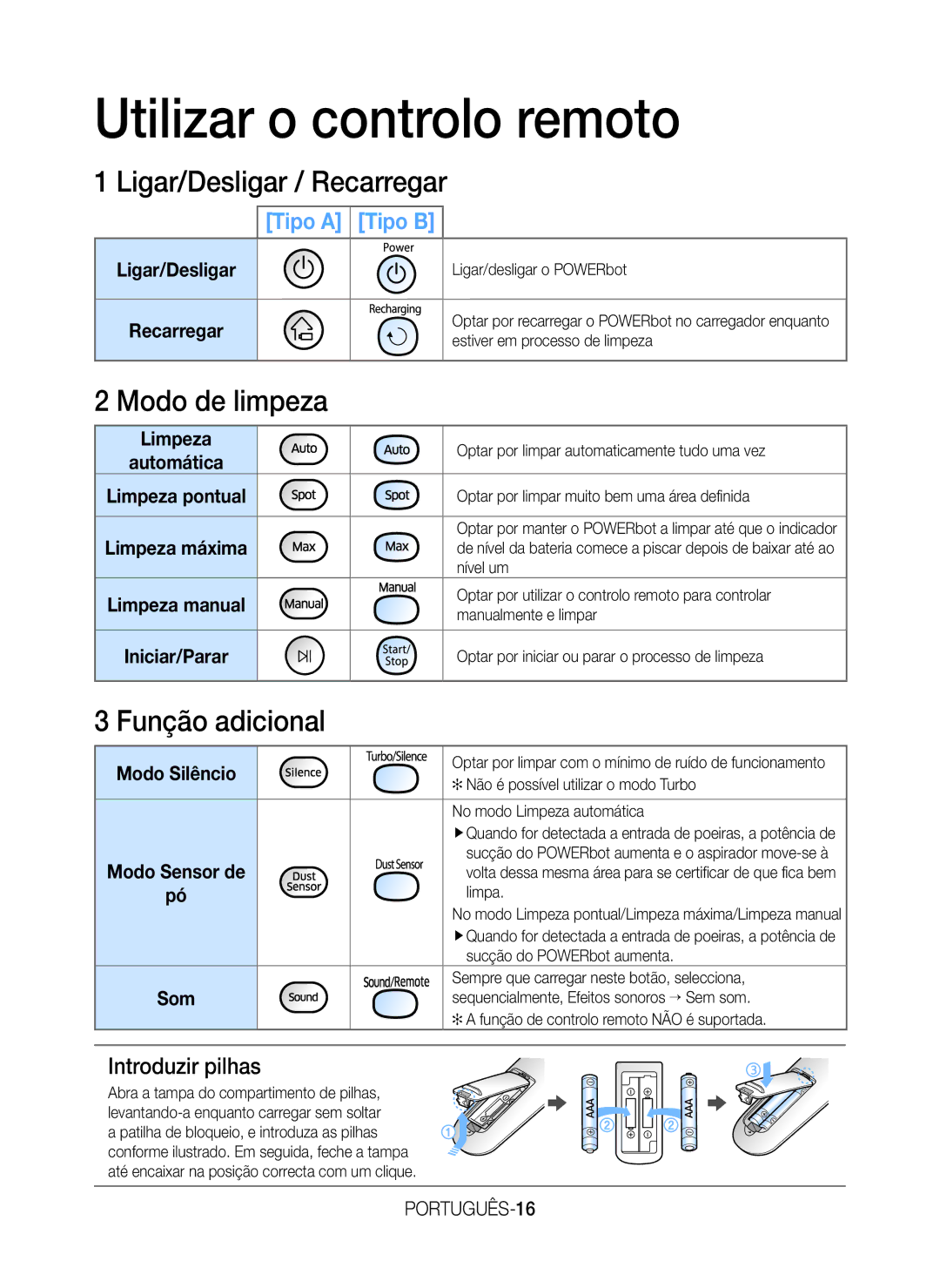 Samsung VR20H9050UW/ET manual Utilizar o controlo remoto, Ligar/Desligar / Recarregar, Modo de limpeza, Função adicional 