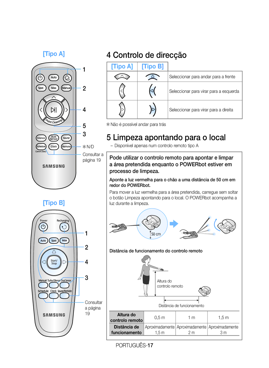 Samsung VR20H9050UW/ET manual Controlo de direcção, Limpeza apontando para o local, PORTUGUÊS-17, Altura do 