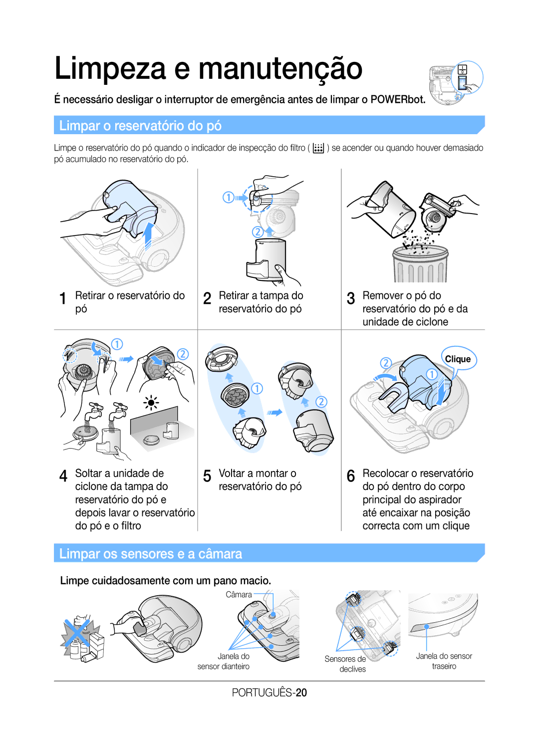 Samsung VR20H9050UW/ET Limpeza e manutenção, Limpar o reservatório do pó, Limpar os sensores e a câmara, PORTUGUÊS-20 