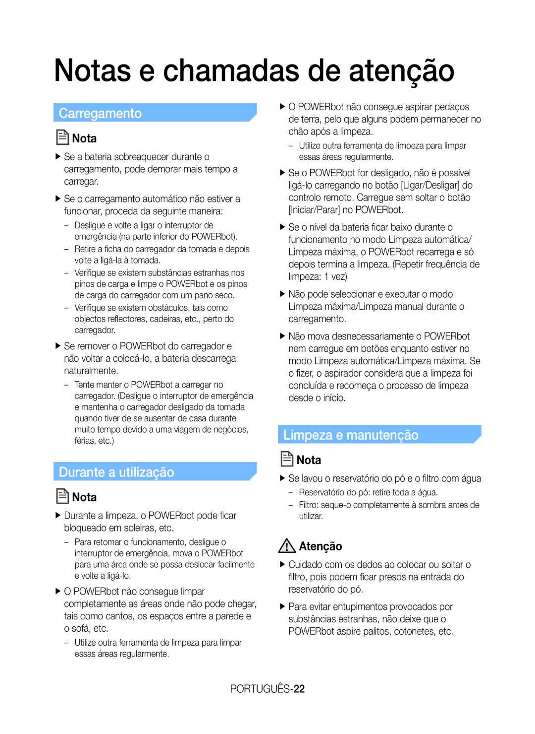 Samsung VR20H9050UW/ET Notas e chamadas de atenção, Carregamento, Durante a utilização, Limpeza e manutenção, PORTUGUÊS-22 