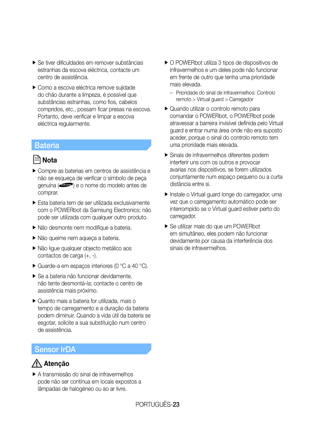 Samsung VR20H9050UW/ET manual Bateria, Sensor IrDA, PORTUGUÊS-23, Genuína e o nome do modelo antes de comprar 