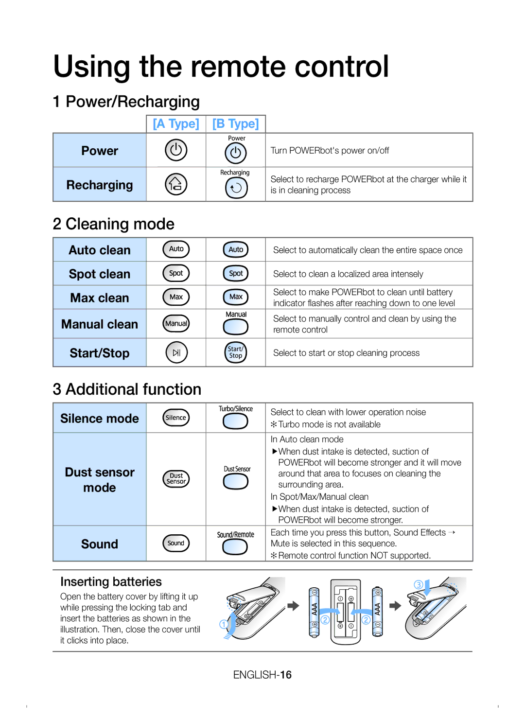 Samsung VR20H9050UW/EU manual Using the remote control, Inserting batteries 