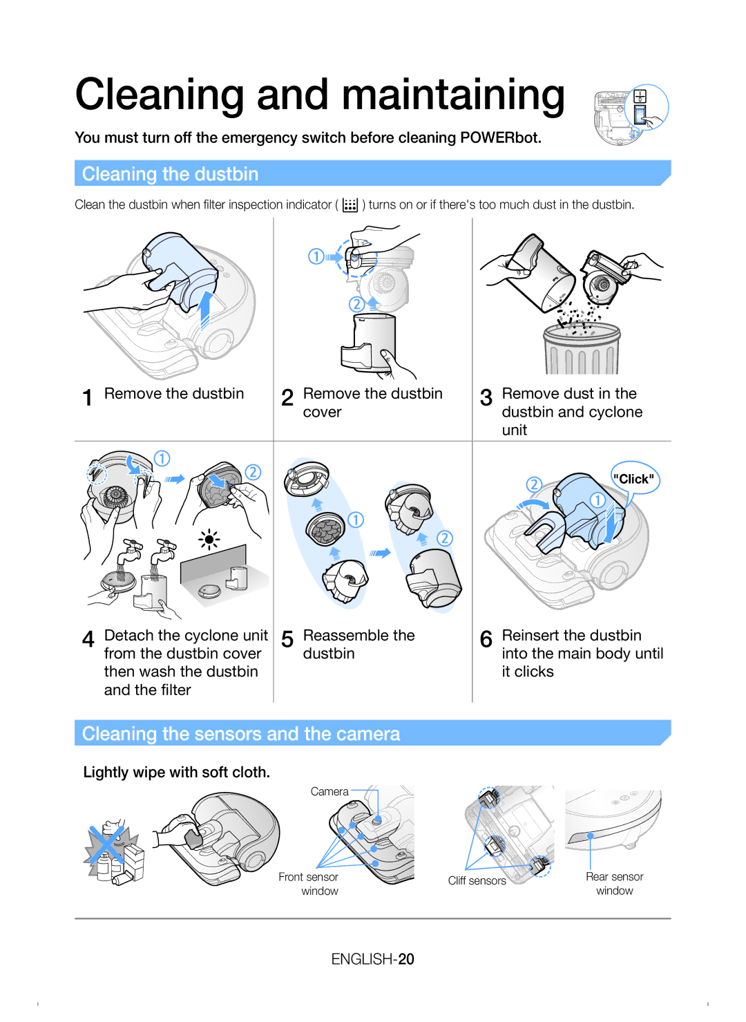 Samsung VR20H9050UW/EU manual Cleaning and maintaining, Cleaning the dustbin, Cleaning the sensors and the camera 