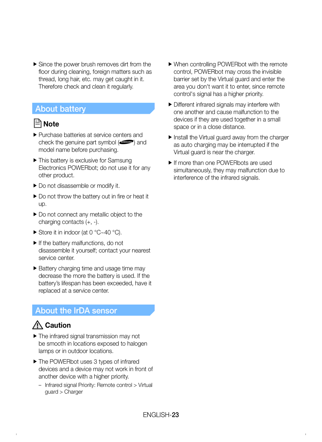 Samsung VR20H9050UW/EU manual About battery, About the IrDA sensor 