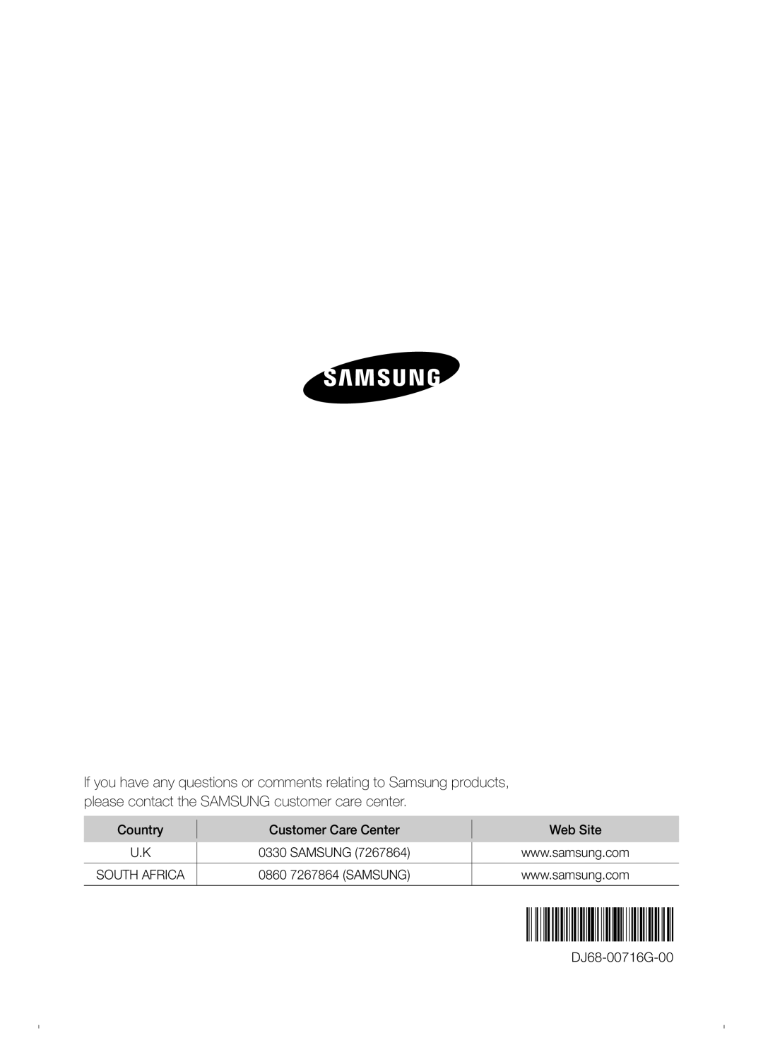 Samsung VR20H9050UW/EU manual Country Customer Care Center Web Site 