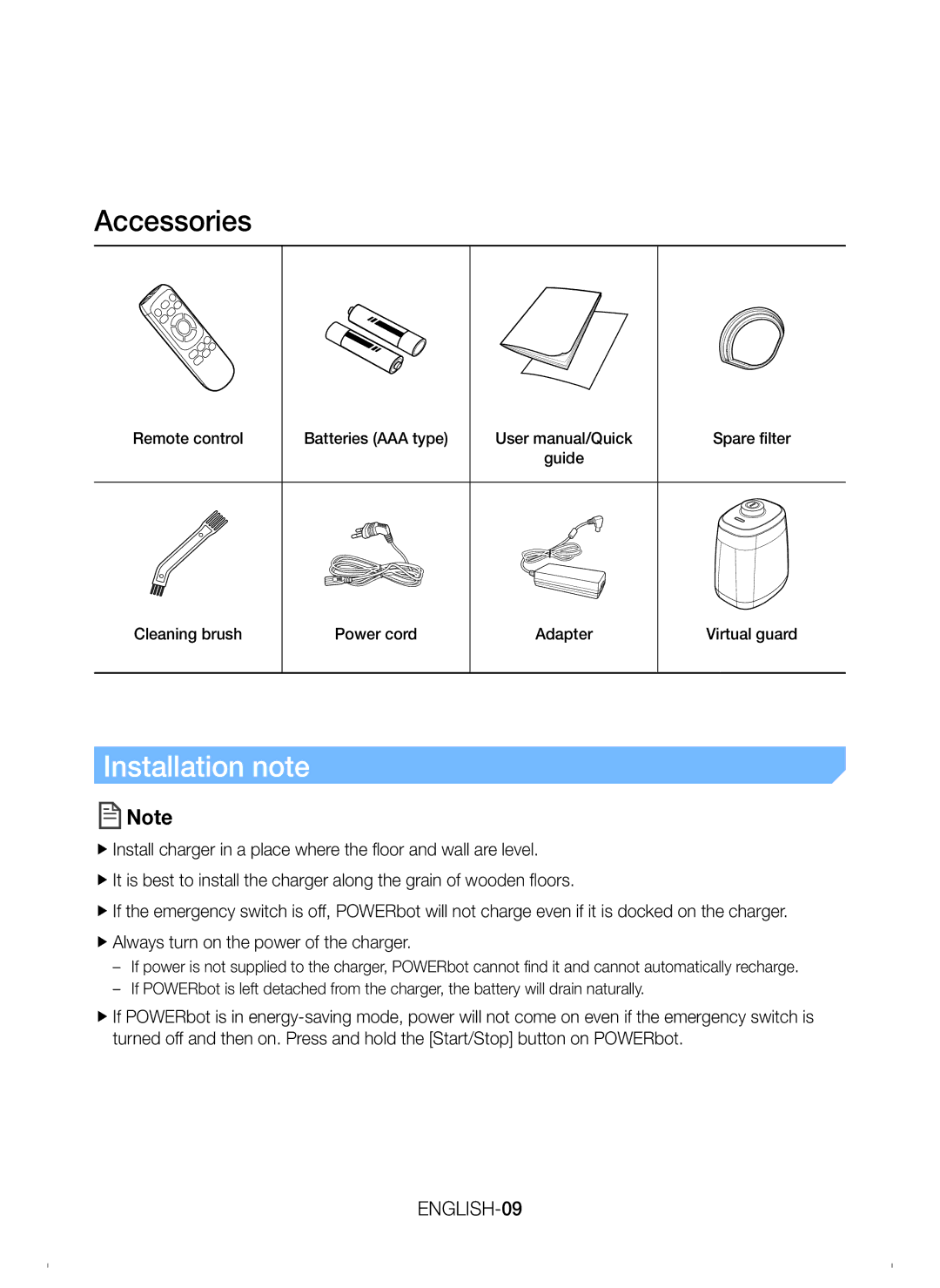 Samsung VR20H9050UW/EU manual Installation note 