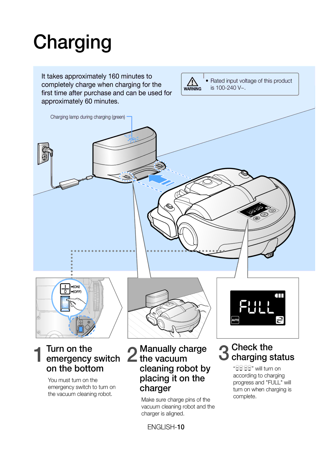 Samsung VR20H9050UW/GE manual Charging, ENGLISH-10, Rated input voltage of this product is 100-240 V~ 