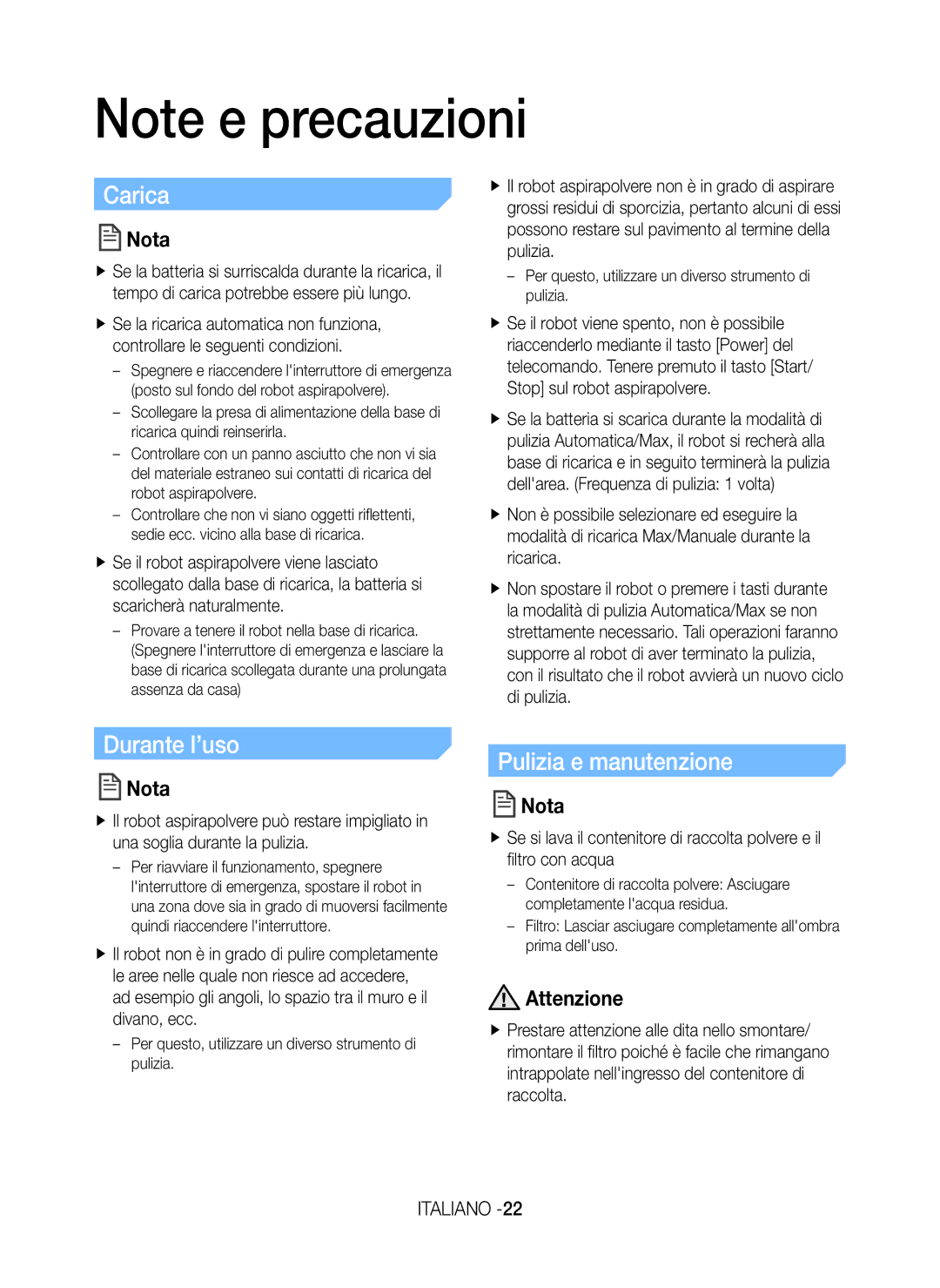 Samsung VR20H9050UW/GE manual Carica, Durante l’uso, Pulizia e manutenzione 