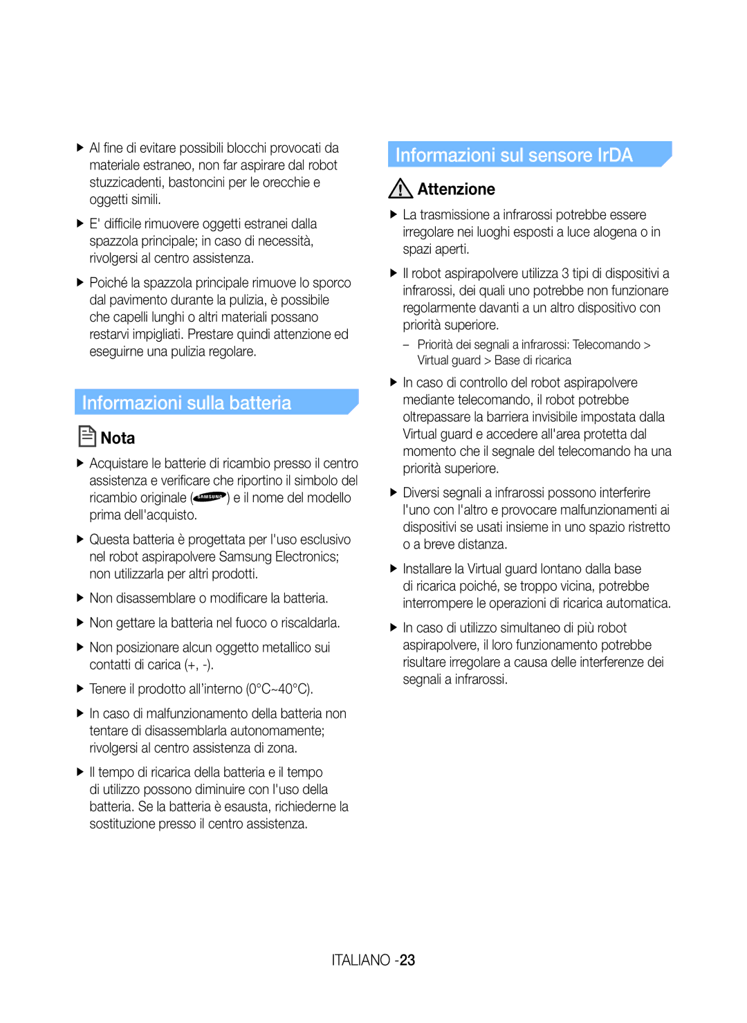 Samsung VR20H9050UW/GE manual Informazioni sulla batteria, Informazioni sul sensore IrDA 