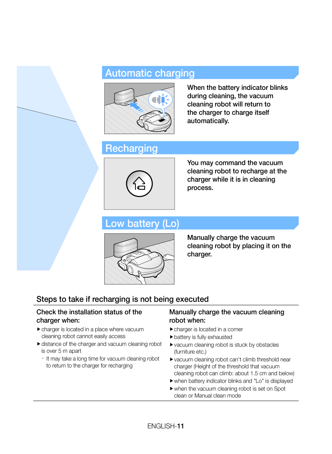 Samsung VR20H9050UW/GE Automatic charging, Low battery Lo, Steps to take if recharging is not being executed, ENGLISH-11 