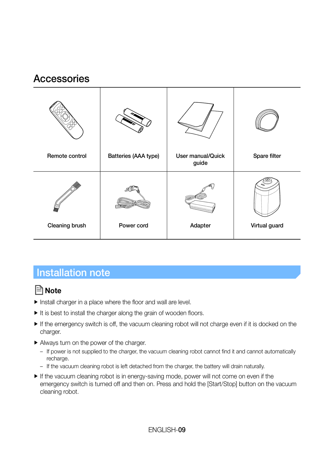 Samsung VR20H9050UW/GE manual Accessories, Installation note, ENGLISH-09 