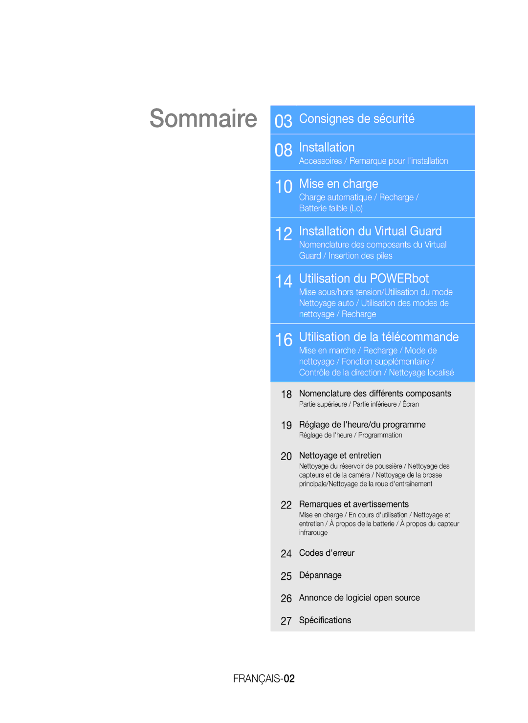 Samsung VR20H9051UC/EF manual Sommaire 