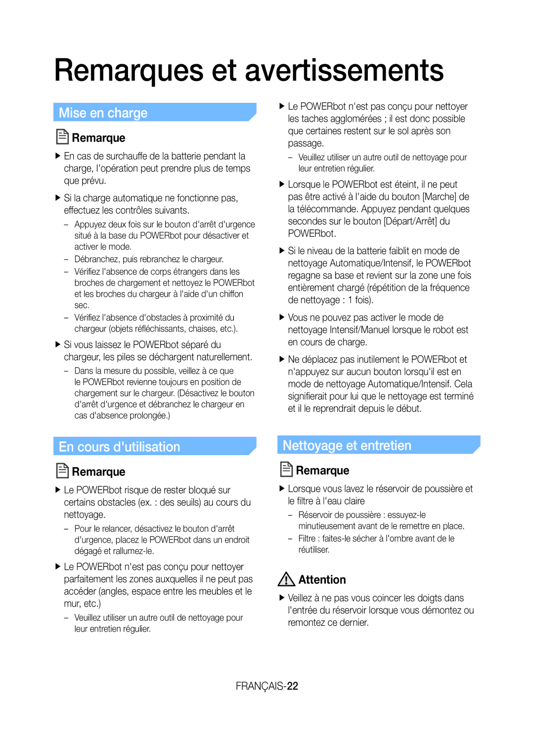 Samsung VR20H9051UC/EF manual Remarques et avertissements, Mise en charge, En cours dutilisation, Nettoyage et entretien 