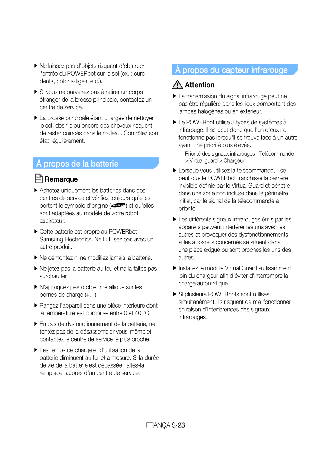 Samsung VR20H9051UC/EF manual Propos de la batterie, Propos du capteur infrarouge 