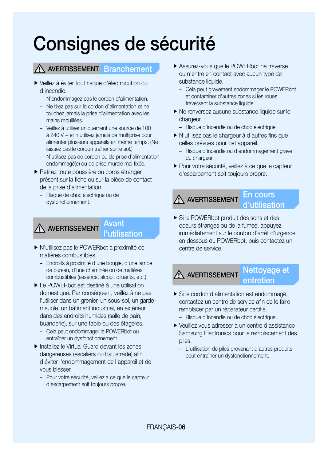 Samsung VR20H9051UC/EF Dutilisation, Avertissement Branchement, Avertissement Avantlutilisation, Avertissement En cours 