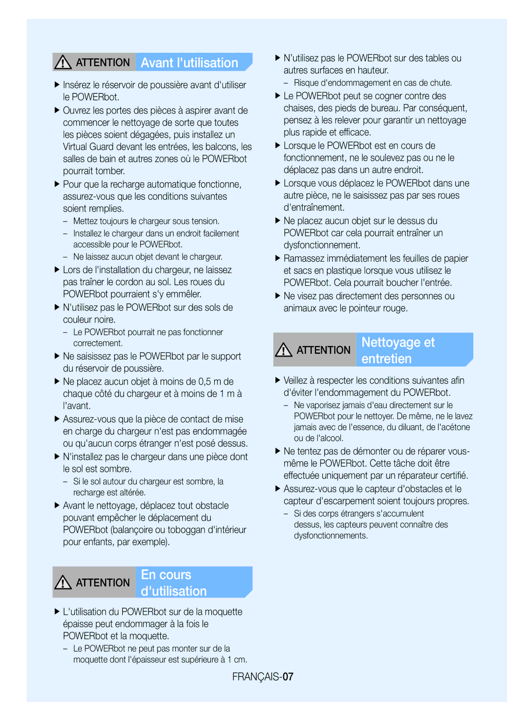 Samsung VR20H9051UC/EF manual FRANÇAIS-07 