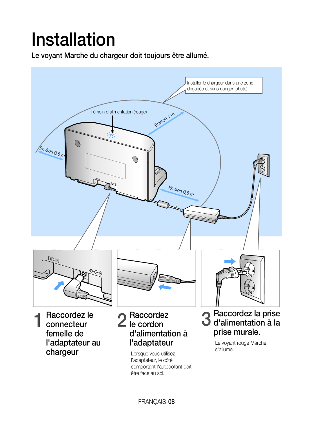 Samsung VR20H9051UC/EF manual Installation, Le voyant Marche du chargeur doit toujours être allumé 