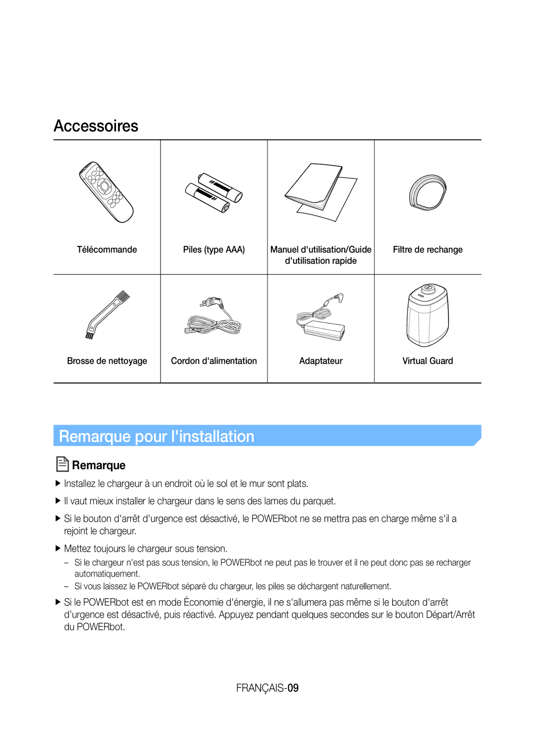 Samsung VR20H9051UC/EF manual Remarque pour linstallation 