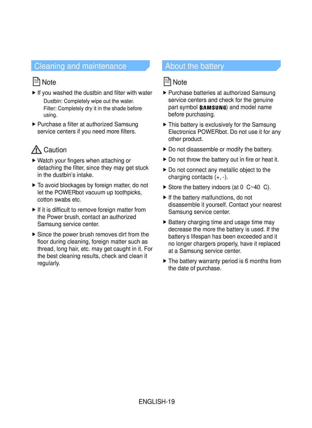 Samsung VR20J9010UG/SP manual Cleaning and maintenance, About the battery 