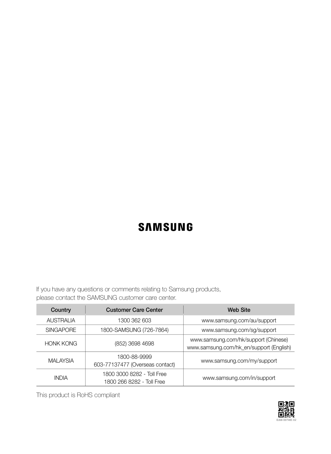 Samsung VR20J9010UG/SP manual This product is RoHS compliant 