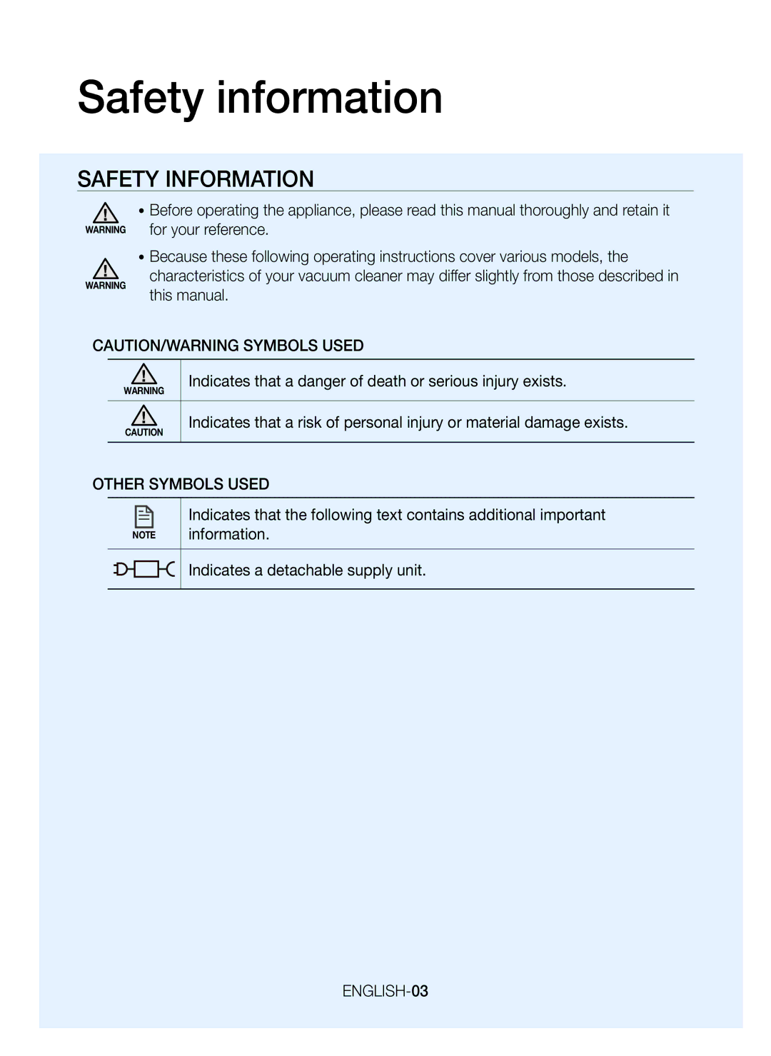 Samsung VR20J9010UG/SP manual Safety information, Information, Indicates a detachable supply unit 