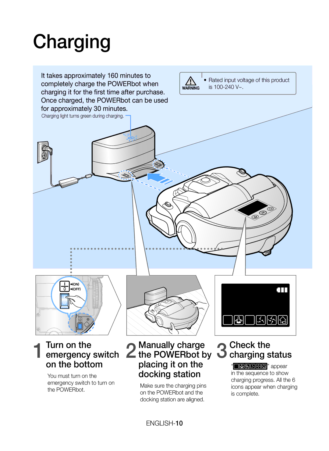 Samsung VR20J9010UR/EC manual Charging, ENGLISH-10, Rated input voltage of this product is 100-240 V~ 