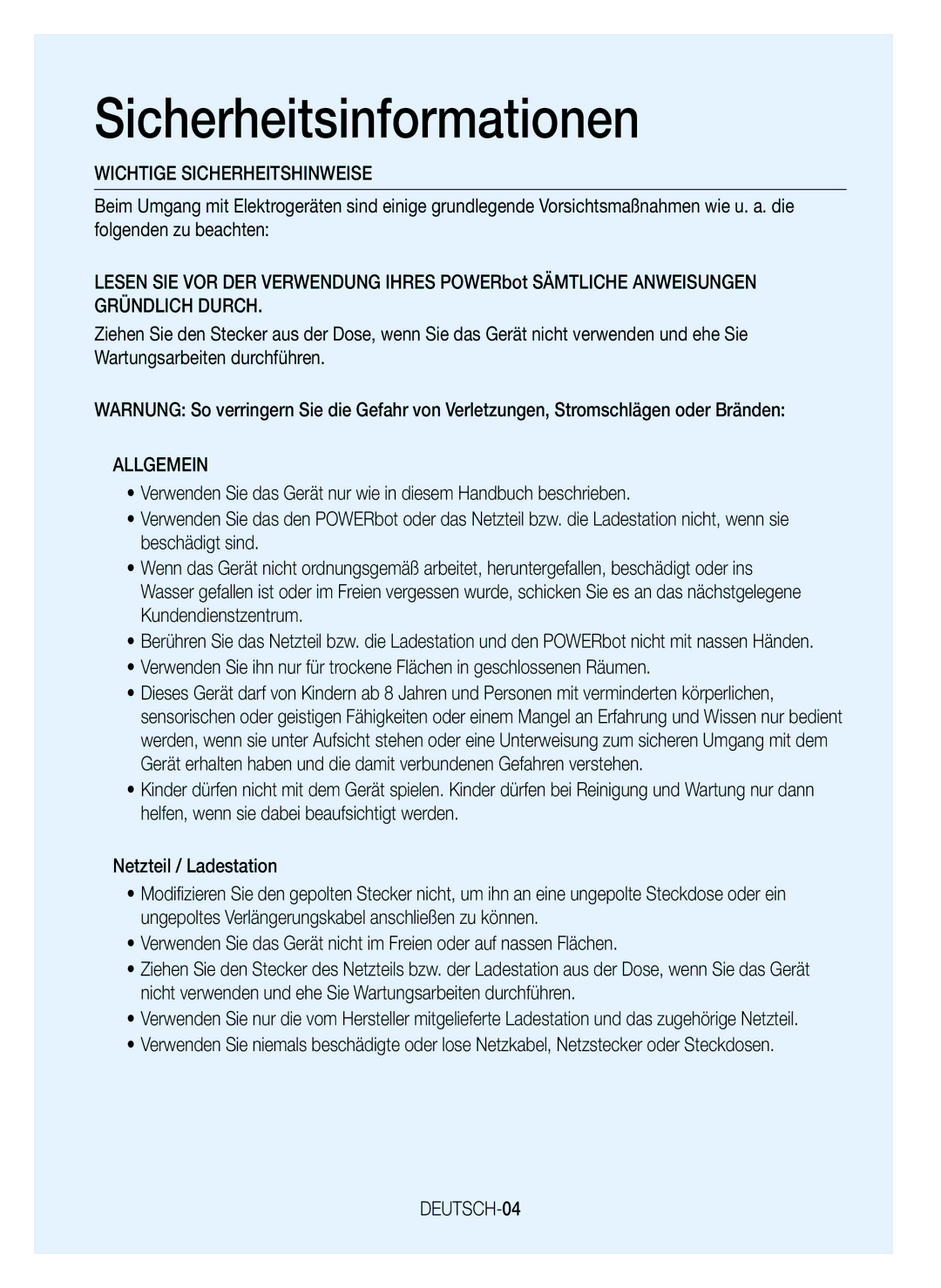 Samsung VR20J9010UR/EC manual Allgemein, DEUTSCH-04 