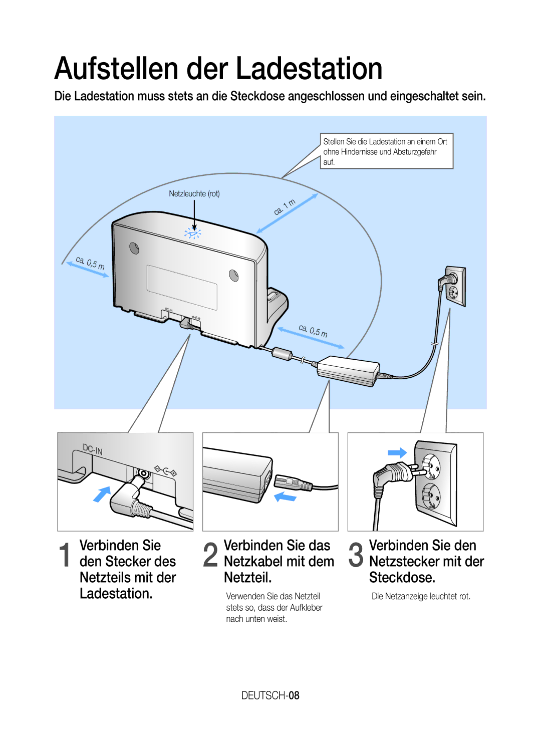 Samsung VR20J9010UR/EC manual Aufstellen der Ladestation, DEUTSCH-08, Verwenden Sie das Netzteil 