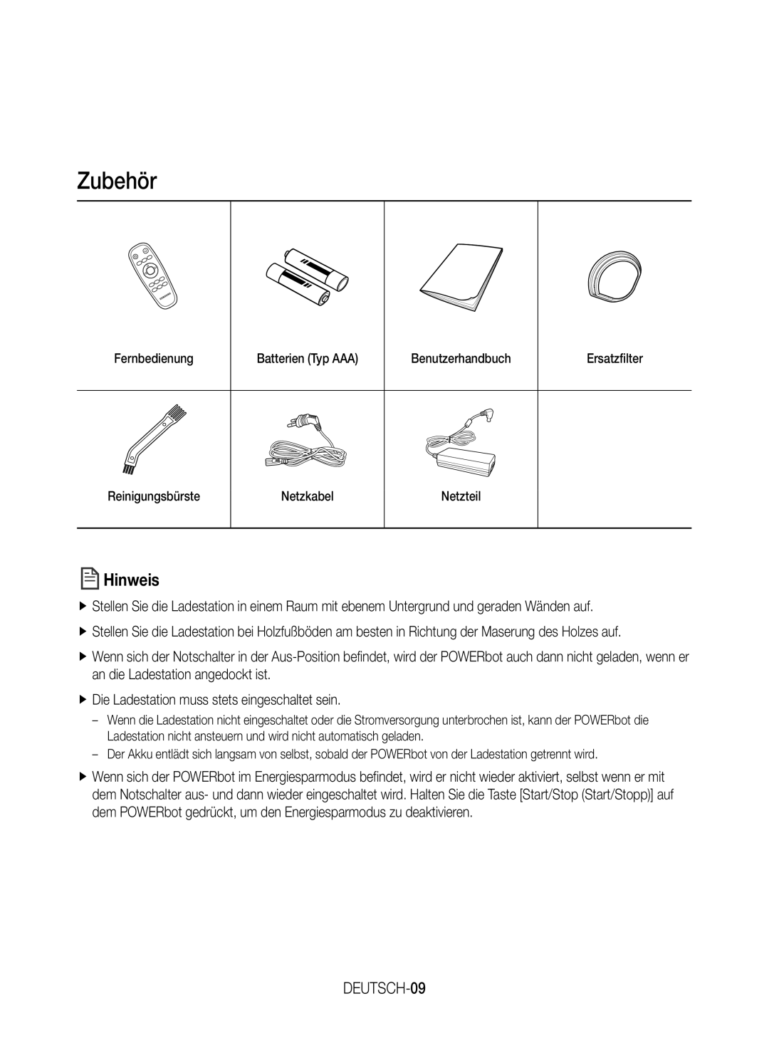 Samsung VR20J9010UR/EC manual Zubehör, DEUTSCH-09 